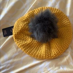 NWT NORLA Mustard Yellow Beanie w/blue gray Pom